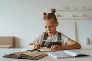 Mädchen schreibt an einem Kinderschreibtisch