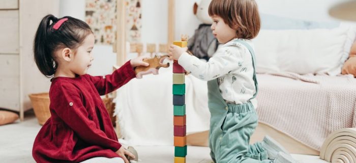 Zwei Kinder die mit Holzspielzeug spielen